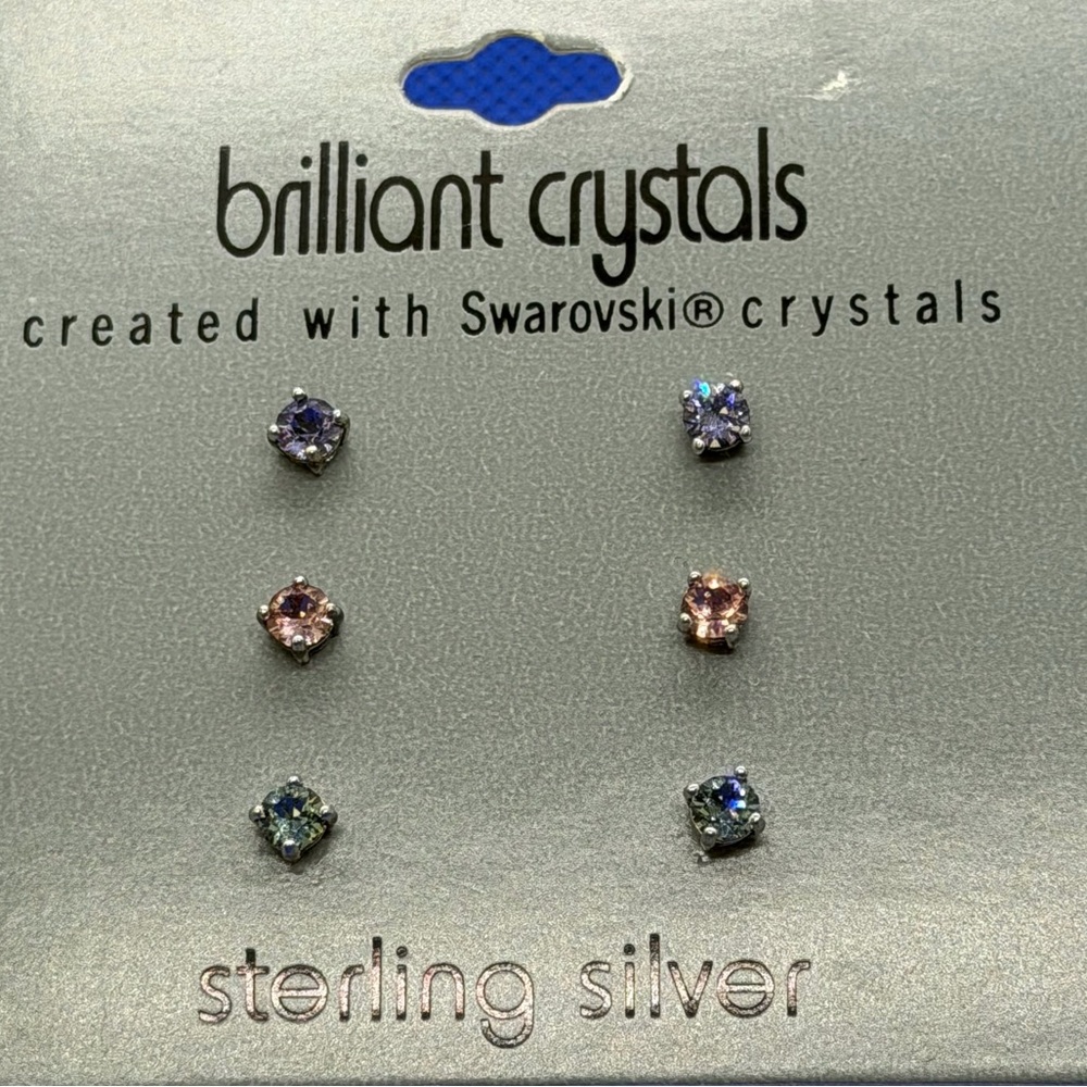 Sterling Silver Swarovski Crystal Stud Earrings Set 3 Pairs Multicolor